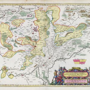 Lorraine, Nova et Accurata delineatio geographica Episcopatus Metensis, 1665, Bleaue auth. ,carte sur toile de coton , environ 56x70cm