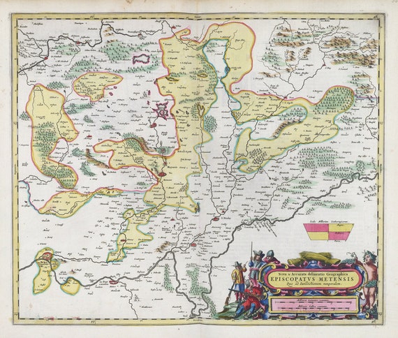 Lorraine, Nova et Accurata delineatio geographica Episcopatus Metensis, 1665, Bleaue auth. ,carte sur toile de coton , environ 56x70cm