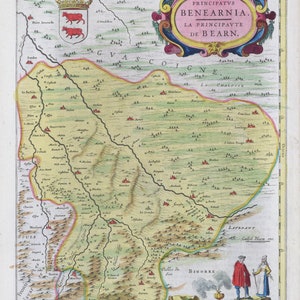 Bearne, Principatvs Benearnia, 1665, Blaeu auth. , une carte sur toile de coton épaisse, environ 56x70cm