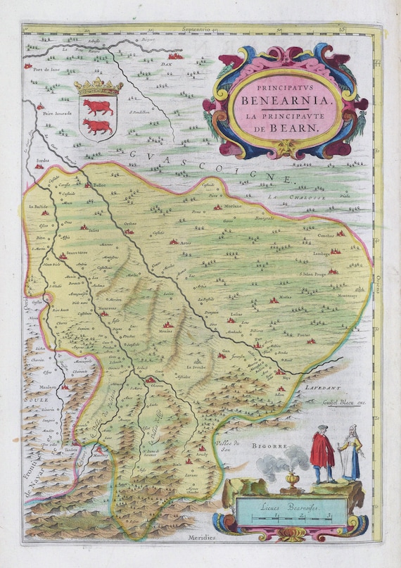 Bearne, Principatvs Benearnia, 1665, Blaeu auth. , une carte sur toile de coton épaisse, environ 56x70cm