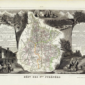 Pyrenees: Levasseur, Dept. Des Hautes. Pyrenees, 1856 , une carte sur toile de coton épaisse, environ 56x70cm