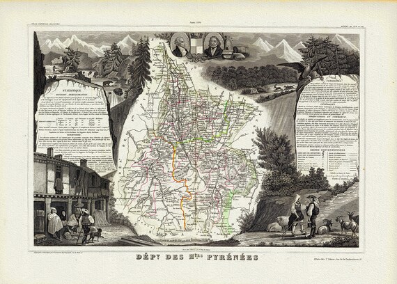 Pyrenees: Levasseur, Dept. Des Hautes. Pyrenees, 1856 , une carte sur toile de coton épaisse, environ 56x70cm