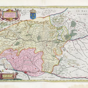Lionnois, Foret, Beaviolois Et Masconnois, 1665, Blaeu auth.  , une carte sur toile de coton épaisse, environ 56x70cm
