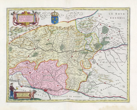 Lionnois, Foret, Beaviolois Et Masconnois, 1665, Blaeu auth.  , une carte sur toile de coton épaisse, environ 56x70cm