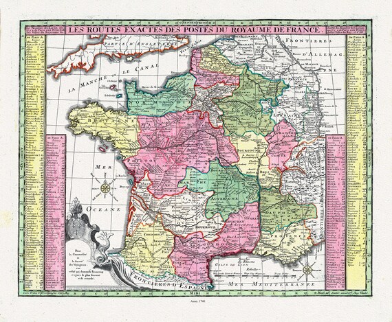 Seutter, Matthaeus ,No.7,  Les Routes Exactes des Postes du Royaume de France, 1740,  ,une carte sur toile de coton épais, 56x70cm environ