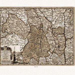 Lyonnais: van der Aa, Carte du gouvernement de Lyonnois, 1714 Ver. S, carte sur toile de coton épaisse, environ 56x70cm