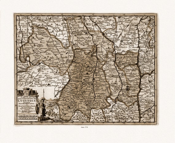 Lyonnais: van der Aa, Carte du gouvernement de Lyonnois, 1714 Ver. S, carte sur toile de coton épaisse, environ 56x70cm