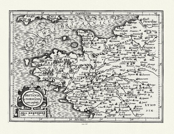 Brittany: Mercator et Hondius, Bretania et Normandia cum Confinijs, 1607 , carte sur toile de coton épaisse, environ 56x70cm