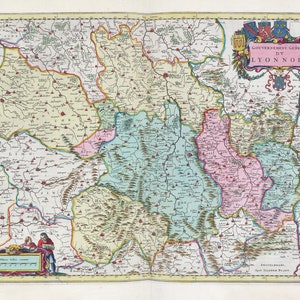 Lyon, Gouvernement General Dv Lyonnois, 1665, Blaeu auth. , une carte sur toile de coton épaisse, environ 56x70cm