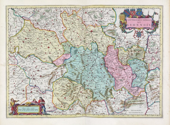Lyon, Gouvernement General Dv Lyonnois, 1665, Blaeu auth. , une carte sur toile de coton épaisse, environ 56x70cm