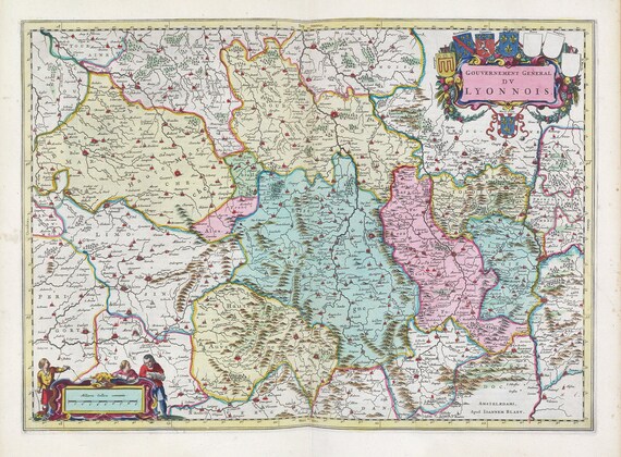 Lyon, Gouvernement General Dv Lyonnois, 1665, Blaeu auth. , une carte sur toile de coton épaisse, environ 56x70cm