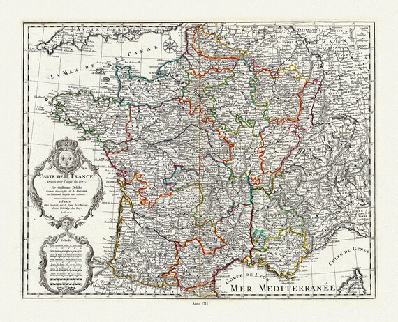 Delisle (Guillaume, 1675-1726), Carte de France, 1711 , une carte sur toile de coton épaisse, environ 56x70cm