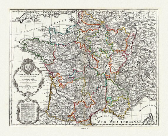 Delisle (Guillaume, 1675-1726), Carte de France, 1711 , une carte sur toile de coton épaisse, environ 56x70cm