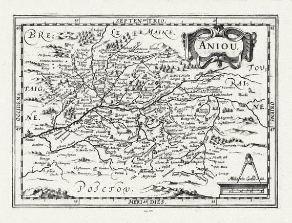 Anjou: van Waesberge, Mercator et Cloppenburg, Aniou, 1636 , carte sur toile de coton épaisse, environ 56x70cm
