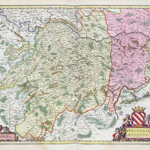 Burgundy, Bvrgvndia Dvcatvs, 1665, Blaeu auth. , une carte sur toile de coton épaisse, environ 56x70cm