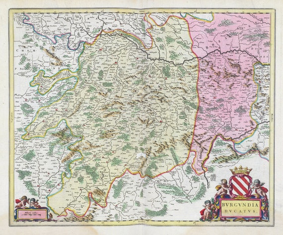 Burgundy, Bvrgvndia Dvcatvs, 1665, Blaeu auth. , une carte sur toile de coton épaisse, environ 56x70cm