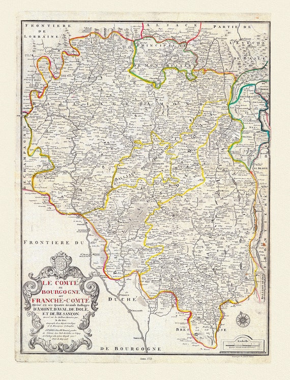 Burgundy: Fer (Nicolas de, 1646-1720),   Le Comte de Bourgogne dit Franche-Comte, 1723, carte sur toile de coton épaisse, environ 56x70cm