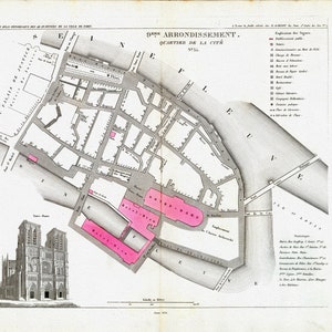 Perrot, Paris 9 Eme. Arrondissement  Quartier de la Cite. No. 35, 1834, une carte sur toile de coton épaisse, environ 56x70cm