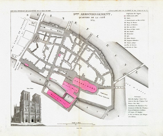 Perrot, Paris 9 Eme. Arrondissement  Quartier de la Cite. No. 35, 1834, une carte sur toile de coton épaisse, environ 56x70cm