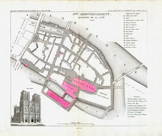 Perrot, Paris 9 Eme. Arrondissement  Quartier de la Cite. No. 35, 1834, une carte sur toile de coton épaisse, environ 56x70cm