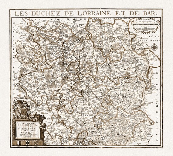 Fer,  (Nicolas de, 1646-1720),  Les Duchez De Lorraine et De Bar, 1708 Ver. S , carte sur toile de coton épaisse, environ 56x70cm