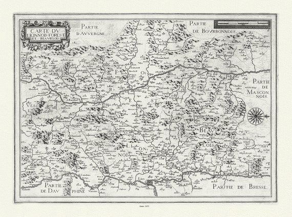 Lyonnais: Mariette, Carte du Lionnois Forest et Beavielois, 1653 , carte sur toile de coton épaisse, environ 56x70cm