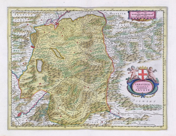 Sabavdia Dvcatvs Savoye, 1665, Bleaue auth. , une carte sur toile de coton épaisse, environ 56x70cm