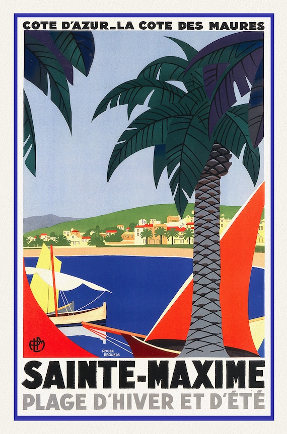 Sainte-Maxim, Cote d'Azur, 1929, une affiche de voyage sur toile de coton épaisse, environ 45x60cm