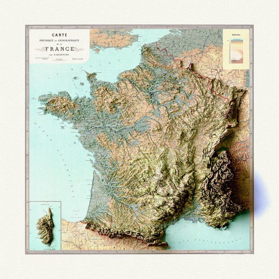 France, Une carte vintage en haut relief, carte sur toile de coton résistante, 50 x 70 cm. environ.