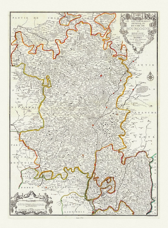 Burgundy: de Fer, Nicolas,  Le Gouvernement General Du Duche De Bourgogne et Bresse, 1712,  carte sur toile de coton épaisse, 56x70cm