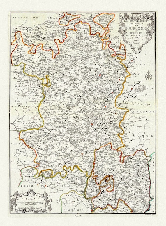 Burgundy: de Fer, Nicolas,  Le Gouvernement General Du Duche De Bourgogne et Bresse, 1712,  carte sur toile de coton épaisse, 56x70cm