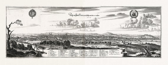 Merian, V. 1. Pros. der statt Parys wie solche an ietzo ansusehen, 1654, une carte sur toile de coton épais, 30x70cm environ