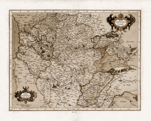 Artois: Mercator et Hondius, Artesia Comit Per Gerardum Mercatorem, 1623 Ver. S, carte sur toile de coton épaisse, environ 56x70cm