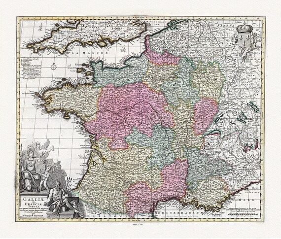 Visscher et Schenk, Galliae seu Franciae Tabula, 1740 ,une carte sur toile de coton épais, 56x70cm environ