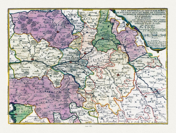 Poictou, Anjou, Maine, Touraine, Berri, Bourbonnois, Nivernois, et Orleans, 1705, carte sur toile de coton épaisse, environ 56x70cm