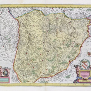 Champagne latine Campania Comitatvs, 1665, Bleau auth. , une carte sur toile de coton épaisse, environ 56x70cm