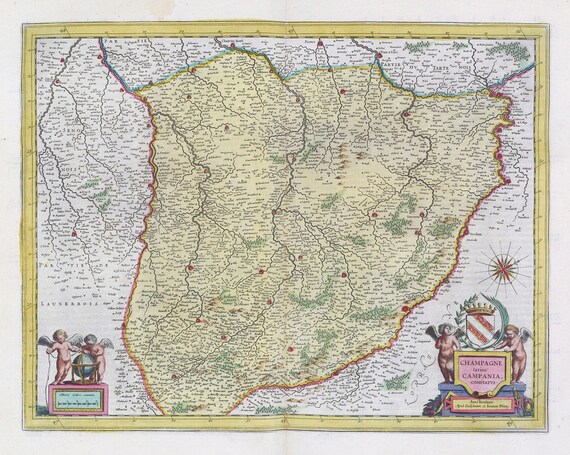 Champagne latine Campania Comitatvs, 1665, Bleau auth. , une carte sur toile de coton épaisse, environ 56x70cm