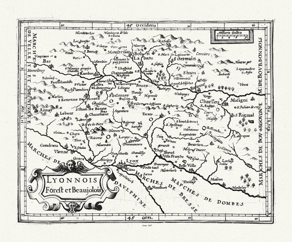 Lyonnais: Mercator et Hondius, Lyonnois Forest et Beaujolois, 1607 , carte sur toile de coton épaisse, environ 56x70cm