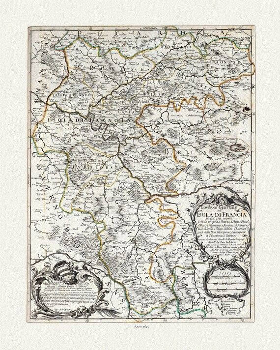 Rossi, Governo Generale dell'Isola di Francia, 1692, ,une carte sur toile de coton épais, 56x70cm environ