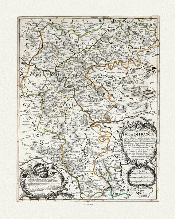 Rossi, Governo Generale dell'Isola di Francia, 1692, ,une carte sur toile de coton épais, 56x70cm environ