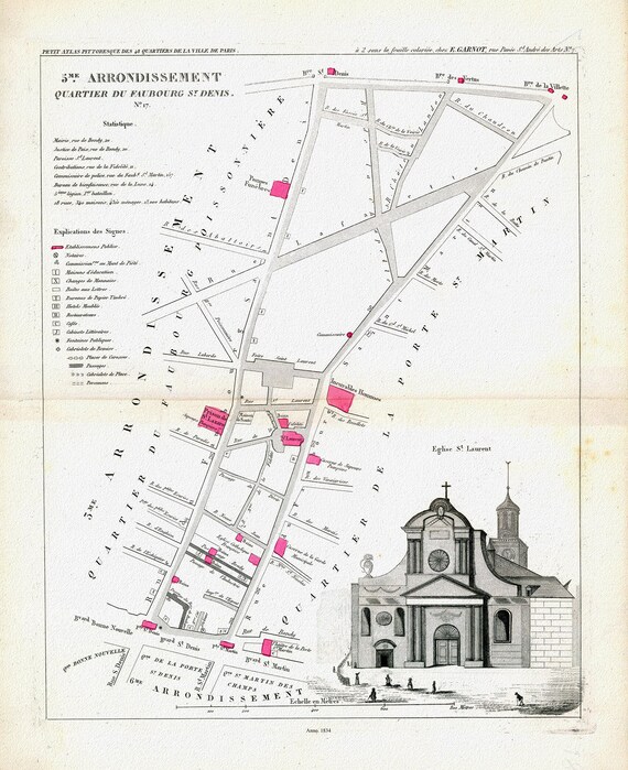 Perrot, Paris 5 Me. Arrondissement  Quartier du Faubourg St. Denis. No. 17, 1834, une carte sur toile de coton épaisse, environ 56x70cm