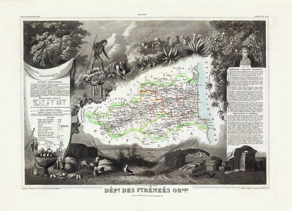 Pyrenees: Levasseur, Dept. Des Pyrenees Orles, 1856 , une carte sur toile de coton épaisse, environ 56x70cm