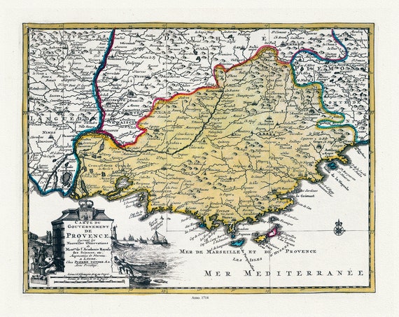 Provence: van der Aa, Carte du gouvernement de Provence, 1714, une carte sur toile de coton épaisse, environ 56x70cm