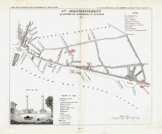 Perrot, Paris 8 Me. Arrondissement  Quartier du Faubroug St. Antoine. No. 31, 1834 , une carte sur toile de coton épaisse, environ 56x70cm