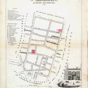 Perrot, Paris 5 Me. Arrondissement  Quartier Montorgueil. No.20, 1834 A, une carte sur toile de coton épaisse, environ 56x70cm
