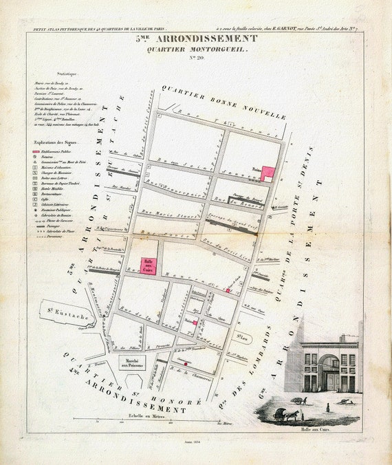 Perrot, Paris 5 Me. Arrondissement  Quartier Montorgueil. No.20, 1834 A, une carte sur toile de coton épaisse, environ 56x70cm