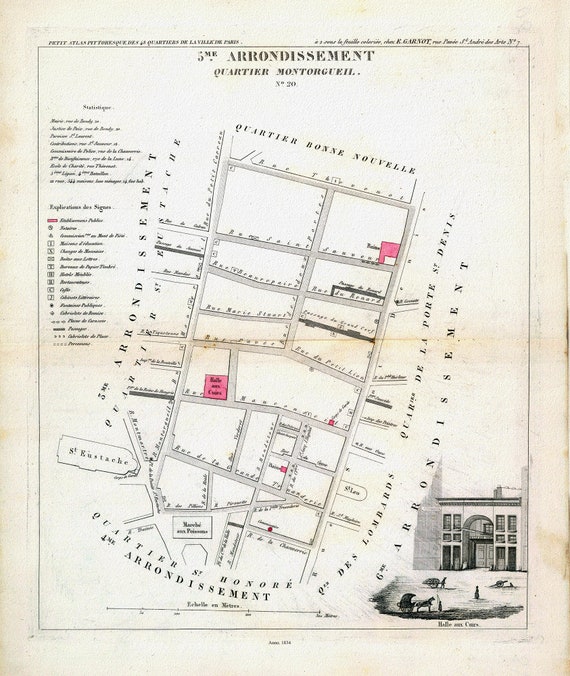 Perrot, Paris 5 Me. Arrondissement  Quartier Montorgueil. No.20, 1834 A, une carte sur toile de coton épaisse, environ 56x70cm