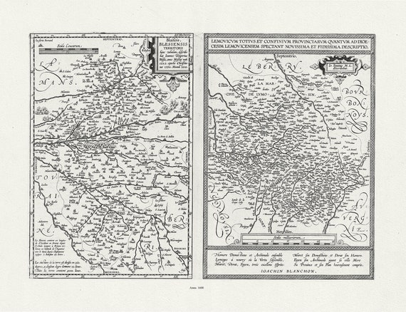 France, Blois, Limoges,  Blaisois. Blesiensis (con) Lemovicum. Ortelius , 1608, une carte sur toile de coton épaisse, environ 56x70cm