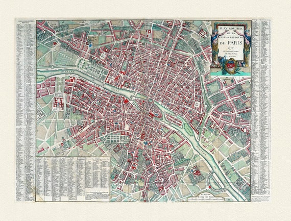 Lattre, Plan routier de la Ville et Faubroug de Paris, 1778, carte sur toile de coton épaisse, environ 56x70cm