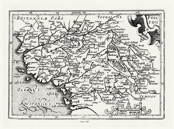 Poictou: Mercator et Hondius, 1607 , carte sur toile de coton épaisse, environ 56x70cm